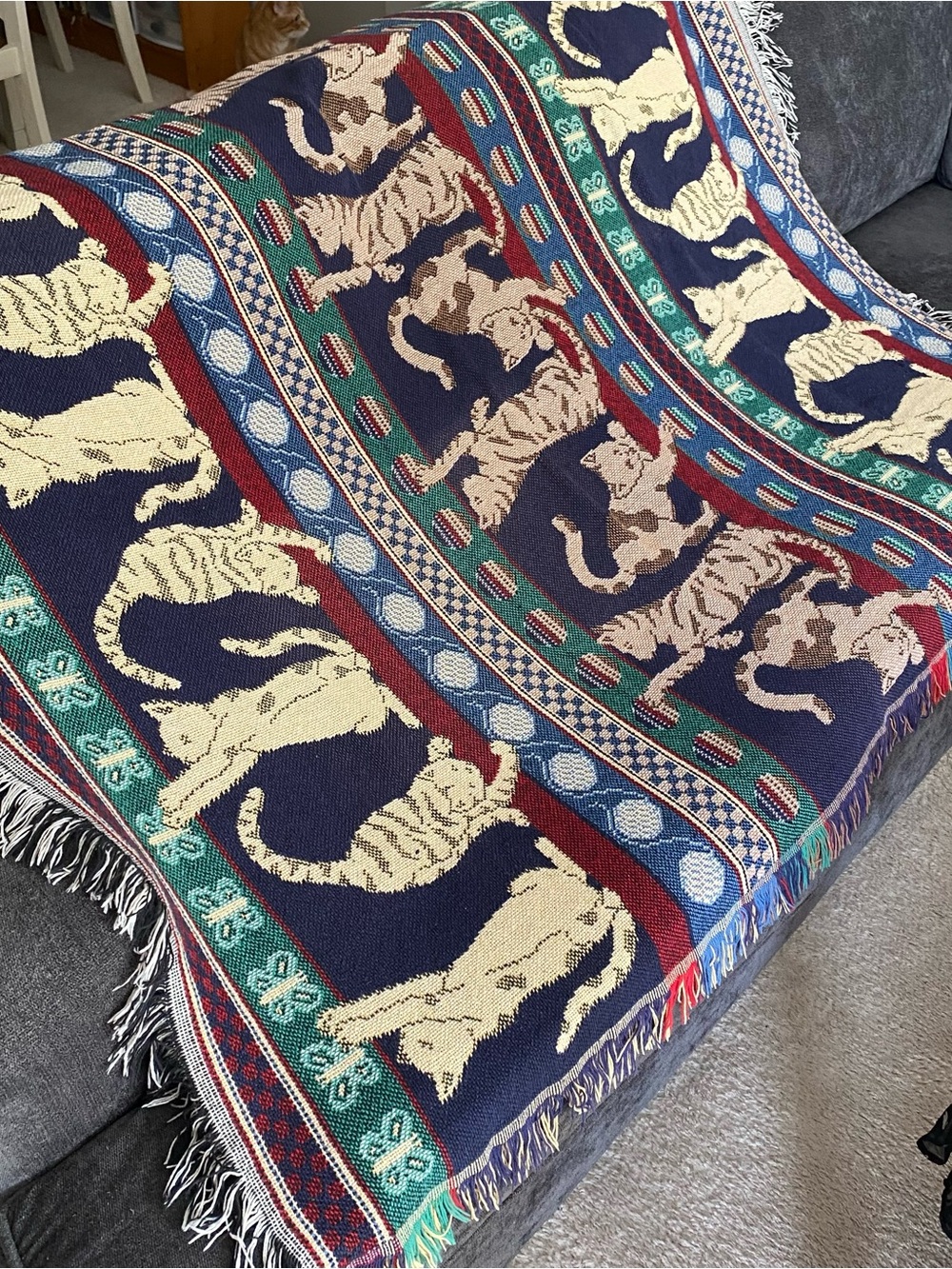 Crown Crafts Woven Cats Patterned Throw Blanket in Navy, Cream, Red & Green EUC - Picture 9 of 14